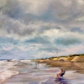 Renee Pelletier Egan: 'beach day', 2019 Oil Painting, Figurative. Artist Description: This beach scene shows a magnificent sky and figures along the water s shore...