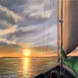 Renee Pelletier Egan: 'elliots journey', 2019 Oil Painting, Sea Life. Artist Description: A dramatic sunset while sailing on a sailboat. ...