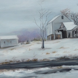 Renee Pelletier Egan: 'winter farm', 2017 Oil Painting, Farm. Artist Description: This winter painting depicts a snowy day at a farm, where you feel the quiet and tranquility, where the road feels recently plowed. ...
