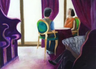 Elizabeth Bogard: 'Hotel Lounge Conversation', 2014 Acrylic Painting, Abstract Figurative.  abstract figurative painting, fantasy painting, Italian painting, purple painting, gold painting, conversation painting, couple painting, hotel painting, cafi? 1/2 painting, restaurant painting, vacation painting, lounging painting, tearoom painting, interior painting, Italy painting, contemporary painting, modern painting, two persona painting, travel painting, European painting, contemporary painting, modern painting, mysterious painting, framed painting...