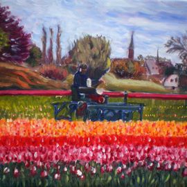 Elena Sokolova: 'Spring in Holland', 2015 Oil Painting, Landscape. Artist Description:  Landscape with a man working at tulips field ...