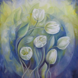 Elena Oleniuc: 'Spring symphony', 2009 Oil Painting, Floral. Artist Description:  flowers, tulips, spring, blue, yellow, canvas, oil, painting, white, art ...
