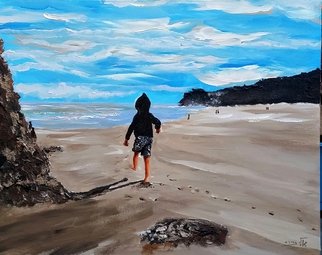 Eli Gross: 'Children have their play on the seashore of worlds ', 2016 Acrylic Painting, Beach.  child, sea, shore, storm, landscape ...