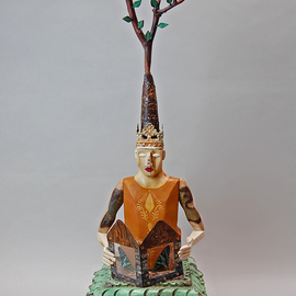 Elizabeth Frank: 'butterfly stories', 2018 Mixed Media Sculpture, Archetypal. Artist Description: This figure is carved form fallen aspen branches.  It sits on a base made from an antique corbel from India.  Atop the head is a crown of tin with a twig holding carved leaves and a bird.  The figure holds a book made by the artist from antique ...