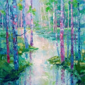 Emilia Milcheva: 'spring is speaking in pink', 2019 Oil Painting, Landscape. Artist Description: The spring season gives a pictorial palette of colors. Vivid color nuances are floating in the air and reflecting in tree trunks and water surfaces. There is kind of magic in springtime sceneries, feels like the Nature is finally revealing her long- time hidden secret, and gives promise ...