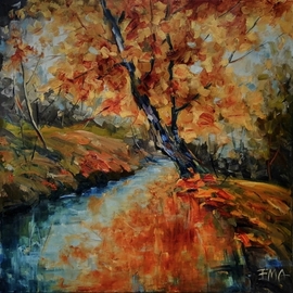 Emilia Milcheva: 'the river keeper', 2021 Oil Painting, Landscape. Artist Description: The Autumn is Nature s most beautiful creation. It is full of so much tenderness, warmth, unspoken promises and undisputable love. It touches my soul so deeply and makes me a better person each and every October. I am just feeling deeply, I love more, I enjoy life ...