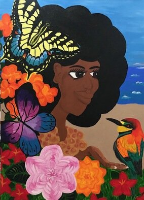 Adrienne Lewis: 'caribbean queen', 2020 Acrylic Painting, Beach. Beach, butterflies and beautiful Queen all encompassed on one canvas. It s time to think tropical. ...