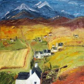 Nina Polunina: 'isle of skye scotland', 2016 Oil Painting, Landscape. Artist Description: The Isle of Skye - the pearl of Scotland.  It is also the abode of myths and legends.  Stories of epic battles and bloody wars, stories about mythical creatures, and even dinosaur footprints.  And beautiful landscapes.Work done with a palette knife.  Mounts.  Ready to hang.mountain landscape, blue ...