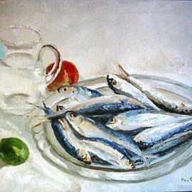 Maria Teresa Fernandes: 'Alves Collection', 1969 Oil Painting, Fish. Artist Description: fish scales are full of reflections and laborious dedication...