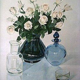 Maria Teresa Fernandes: 'Alves Collection', 1981 Oil Painting, Floral. Artist Description:  different glasses enhance the hard task to paint convex shapes on a clear background ( this painting won a Silver Medal at Limeira and a Bronze Medal at Assis ) ...
