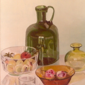 Maria Teresa Fernandes: 'Bacchin Collection', 1981 Oil Painting, Food. Artist Description:  different glass thickness are a defiant task for the painter in order to get round and convex effects ...