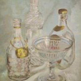 Maria Teresa Fernandes: 'Bottles and bowl', 1969 Oil Painting, Theater. Artist Description: wavy and round objects required extra effort to reach audience ( small graze upper middle) ...