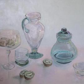 Maria Teresa Fernandes: 'Glassy greens and kiwi', 1995 Oil Painting, Family. Artist Description: clear objects on a clear background are a good  proof for painters to get a conveximpression mainly on glass...