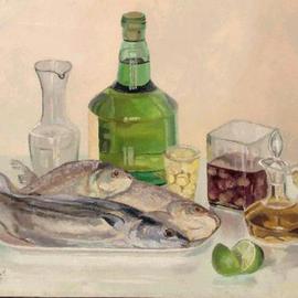 Maria Teresa Fernandes: 'MARGS  Museum  Collection', 1979 Oil Painting, Fish. Artist Description:  fish scales are reflexive. Transparent glass  i s  transparent - barriers to overcome ...