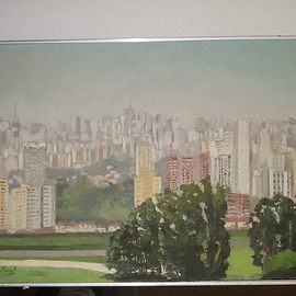 Maria Teresa Fernandes Artwork Morumbi view, 1974 Oil Painting, Trains