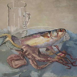 Maria Teresa Fernandes: 'Octopus and fish', 1968 Oil Painting, Fish. Artist Description:  marine beeings reflections are difficult to paint ...