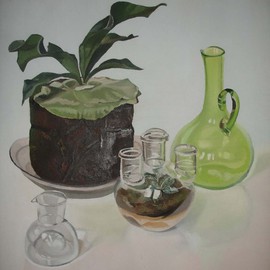 Maria Teresa Fernandes: 'Scopy Endoscopy Collection', 1983 Oil Painting, Science. Artist Description: to paint a transparent heart with convexvolume was easy. difficult was to fill it with soil and a plant...