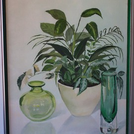 Maria Teresa Fernandes: 'Yoshida  Collection', 1980 Oil Painting, Floral. Artist Description:  leaves in different plans, rounds forms are convex, thick glass, clear background, all big challenges ( this painting won Honoured Mention at Colegio Adventista collective ) ...