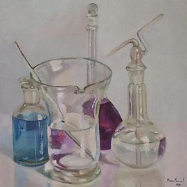 Maria Teresa Fernandes: 'blue chemistry', 1974 Oil Painting, Education. Artist Description:  glass behind glass is a challenge, mainly in clear background and painted with palette knife, not brush   glass against a clear background is a big challenge to any painter                    ...