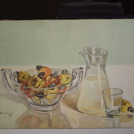 Maria Teresa Fernandes: 'cashews  and  crystals', 1973 Oil Painting, Food. Artist Description:  every curve has to be well elaborated to get dimensions ( with palette instead of a brush ) and the juice must to be appealling also ...