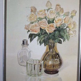 Maria Teresa Fernandes: 'golden roses', 1983 Oil Painting, Floral. Artist Description:  every petal detail is different and requires careful work with proper hues. The convex vase was easy, you just inflate it. . . ...