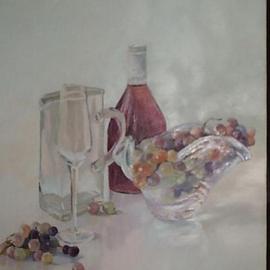 Maria Teresa Fernandes: 'grapes and wine bottle', 1992 Oil Painting, Culture. Artist Description: thick glass is a good patience award to the painter on a clear background - means lots of work...