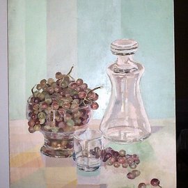 Maria Teresa Fernandes: 'grapes in a bowl', 1980 Oil Painting, Food. Artist Description:  green hues are subtle with emphasis ontransparent glass ( a very small hole at upper left easily covered by frame ) ...
