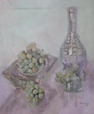 Maria Teresa Fernandes: 'grapes in a square bowl', 1971 Oil Painting, Food. to work greens with delicacy and many hues ( a little stripe upper leftby contact with another painting, but may be covered by the frame ) ...