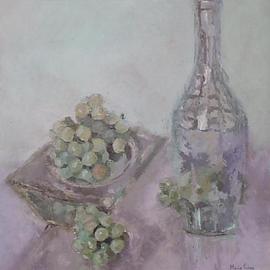Maria Teresa Fernandes: 'grapes in a square bowl', 1971 Oil Painting, Food. Artist Description: to work greens with delicacy and many hues ( a little stripe upper leftby contact with another painting, but may be covered by the frame ) ...