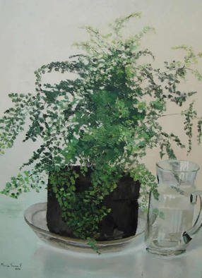 Maria Teresa Fernandes: 'greenish', 1980 Oil Painting, Botanical.  different plans on a flat canvas surfaceare a challenge . Transparent glass is also a barrier to paint over a clearbackground ...