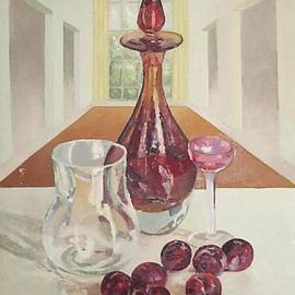 Maria Teresa Fernandes: 'red prunes', 1974 Oil Painting, Food. Artist Description:   thick glass has a world of possibilities, and effort( this painting won honoured mention at ABD- ABI press association show   glass against a clear background is a big challenge to any painter                        ...