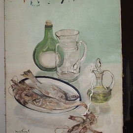 Maria Teresa Fernandes: 'shrimps and fishes', 1978 Oil Painting, Food. Artist Description:  all difficult objects to paint : reflective fish and transparent glass ...