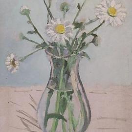 Maria Teresa Fernandes: 'unfinished daisies', 1967 Oil Painting, Romance. Artist Description: upper part satisfied with the transparent vase and individual petal's details( bottom unfinished , not signed but authentic ) ...