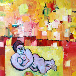 Eric Henty: 'Nude Woman Eating Fruit Under Mango Sky', 2010 Oil Painting, Abstract Figurative. Artist Description: Colorful, thickly painted, textured, evocative, a conversation piece    ...