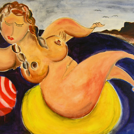 Eric Henty: 'Nude Woman Playing With Beach Ball', 2011 Oil Painting, Abstract Figurative. Artist Description:  A bright, joyful painting of a pensive introspective woman playing with a beach ball.  ...