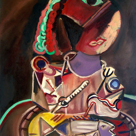 Eric Henty: 'Woman Contemplating While Eating Fish For Dinner', 2011 Oil Painting, Abstract Figurative. Artist Description:  A cubist artwork that sparks the imagination and is a conversation piece. The vivid colors of the woman are very lively in contrast to the dark brown background.   ...