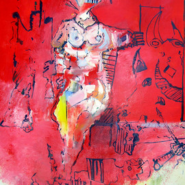 Eric Henty: 'Woman at Bull Masquarade', 2009 Oil Painting, Abstract Figurative. Artist Description:  This abstract figurative painting is bold and is a good conversation piece. There are textured passages and in do not miss the fallen swordsman below the female figure seated in the chair.   ...
