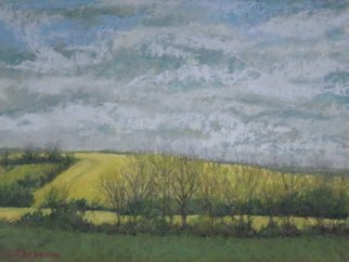 E S Desanna: 'fields under an english sky', 2019 Pastel, Landscape. After a week of painting at West Dean, I sat in the window seat of the bus to Chichester UK. It was April, and the blooming rape fields were brilliant yellow against a cloudy sky. I shot several photos from the moving bus to use for studio work. ...