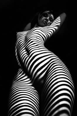 Mikhail Faletkin: 'zebra', 2015 Black and White Photograph, Nudes. I m very attracted to various shadows, as in the reportage genre photography, and in art nude.  The shadows of thezebraare probably quite a hackneyed theme, but sometimes I go back to it, and I m trying to find something new.  In this work, I sort of destructed the body ...