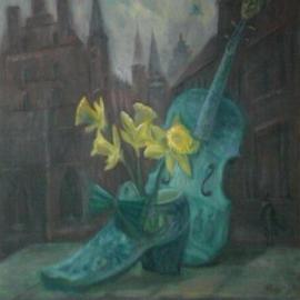 Edward Tabachnik: 'Shoe Blue Violin with Artist Head', 2007 Oil Painting, Still Life. Artist Description:  New style: Romantic Expressionism.Delftware at Musical Museum in Antverpen. Blue violin and shoe by delft ceramics.Oil on the panel. ...
