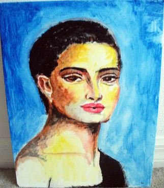 Ina Jinapaia: 'At Midnight', 2014 Acrylic Painting, Portrait.   A woman in deep blue background ...