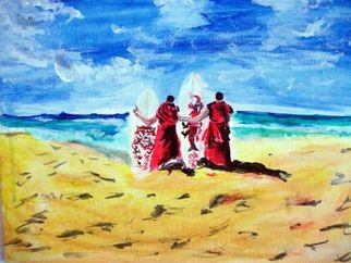 Ina Jinapaia: 'Monks with Surf Boards', 2014 Acrylic Painting, Portrait.      Monks with surf boards on beach    ...