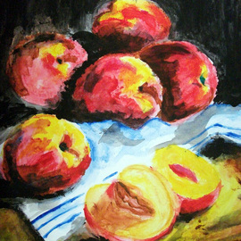 Ina Jinapaia: 'Still Life with Peaches', 2014 Acrylic Painting, Portrait. Artist Description:      Still life with peaches on tablecloth       ...