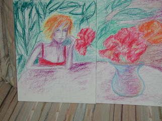 Ina Jinapaia: 'Woman with Hibiscus', 2009 Pastel, Undecided.  pastel on canvas panes. diptych.signed. ...