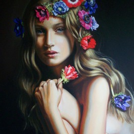 Manuela Facchin Varalda: 'Spring s muse', 2008 Oil Painting, nudes. Artist Description:  original artwork unique piece oil on canvascm 50 x 70 ...