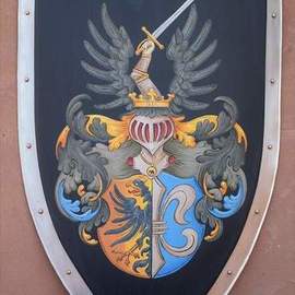 Gerhard Mounet Lipp: 'Coat of Arml knight shield family crest', 2018 Acrylic Painting, Home. Artist Description: Lg.  four point steel knight shield - exclusive hand crafted hand painted medieval knight shield, steel kite shield with gold leaf painted rivets aEUR