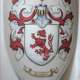 Gerhard Mounet Lipp: 'Coat of Arms knight shield', 2019 Acrylic Painting, Home. Artist Description: Family crest wooden knight shield - exclusive hand crafted hand painted w.  your family crest.  Medieval knight shield, has leather arm strap- handle.  This 3 point medieval shield measures 19 x 28 inches.  Each shield is custom hand painted with attention to details to assure a high quality heraldic ...