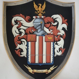 Gerhard Mounet Lipp: 'Coat of Arms metal knight shield', 2019 Acrylic Painting, Home. Artist Description: Your family crest medieval knight shield.  This knight shield is constructed of 18 gauge steel and measures 19 x 24 inch.  Back has handle or chain.For a high quality heraldic artwork each shield is hand painted with attention to detailsBattle shield - Shield can be used for ...