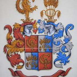 Gerhard Mounet Lipp: 'Custom wedding coat of arms painting', 2019 Acrylic Painting, Home. Artist Description: Wedding Family Crest, alliance coat of armswatercolor paper - Each crest is individually designed, with intricate details, personalized to reflect your family history.  Our featured crest is 16 x 20 inch and painted on watercolor paper.  Every coat of arms and family crest ishand painted, they are not mass ...