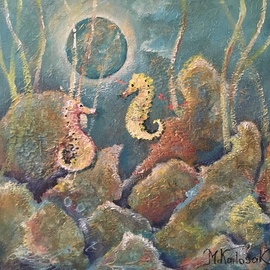 Maria Karlosak: 'seahorses', 2020 Acrylic Painting, Abstract Figurative. Artist Description: This painting is made with textured paste and acrylic  paint on a small 12  x 12  gallery wrapped canvas . Sea- life is my favorite subject to paint ...